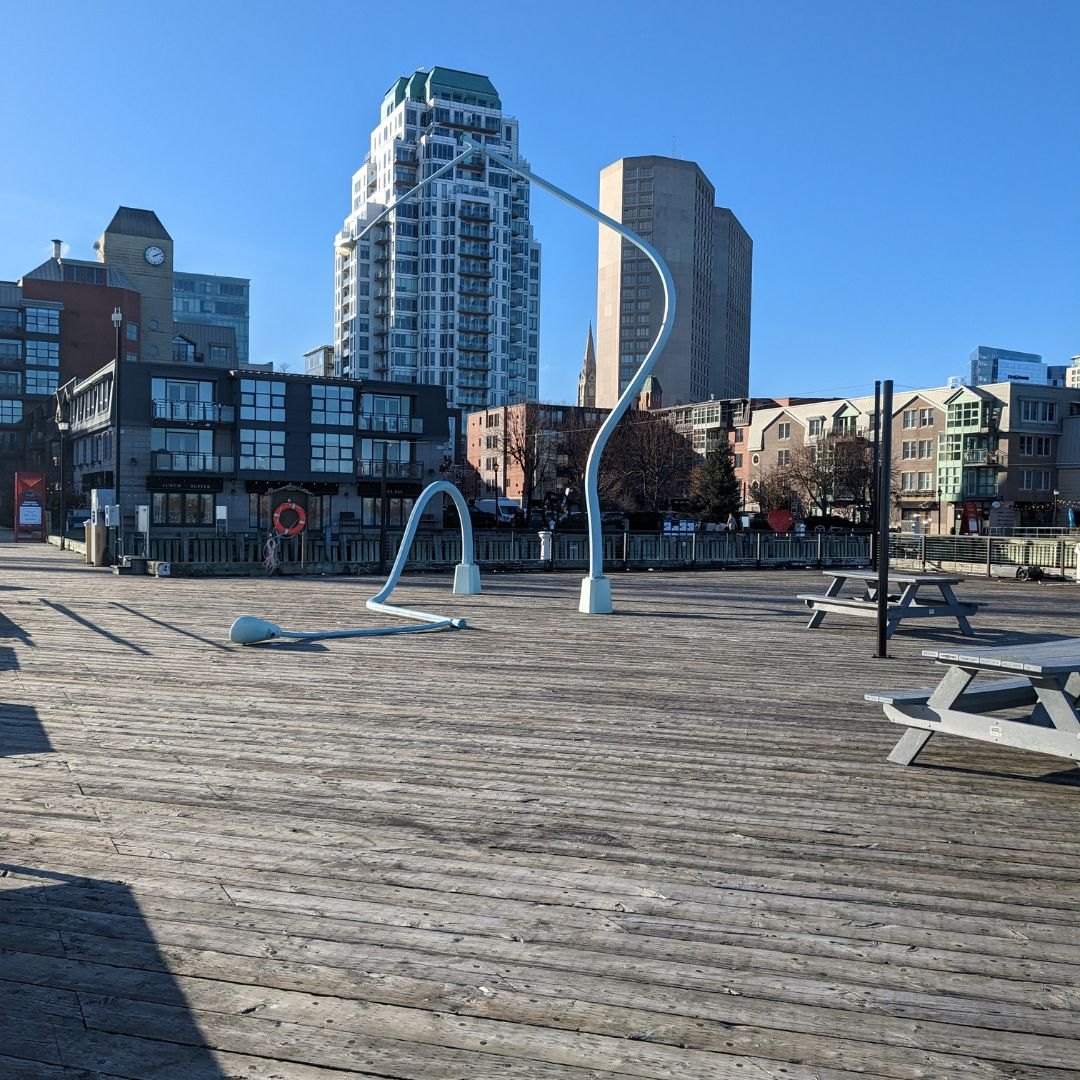 The leaning lamppost sculpture on the Halifax waterfront.
