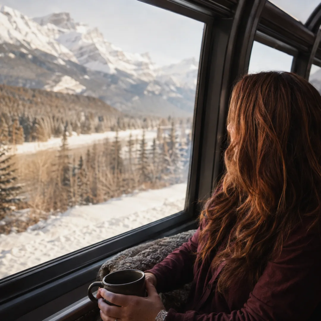 Racquel in the dome car of The Canadian in winter, coffee in hand, watching snow-covered mountains pass the window.