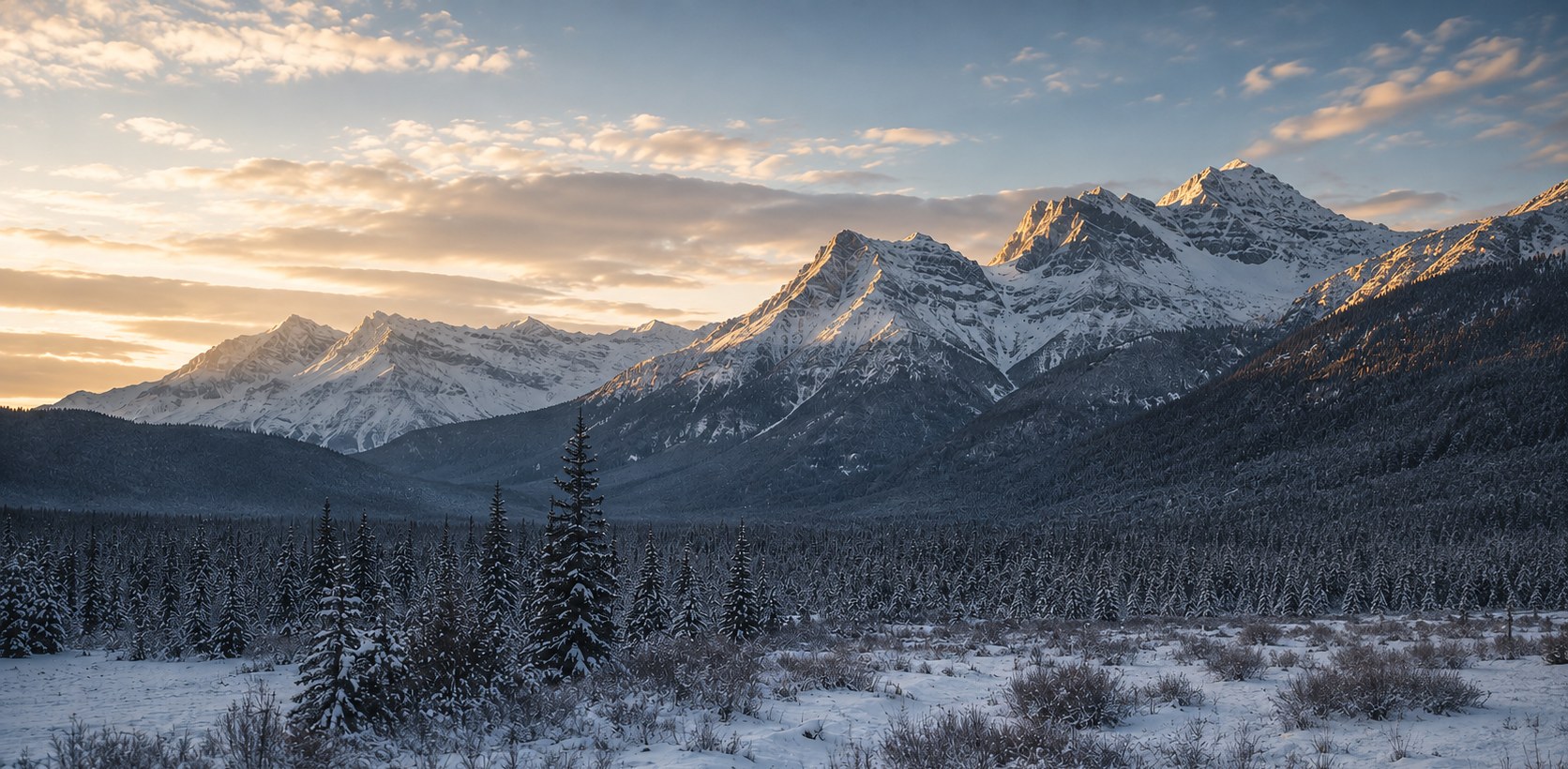 Snow-covered Rocky Mountain peaks at sunrise, a frozen valley of spruce in the foreground under a soft morning sky.